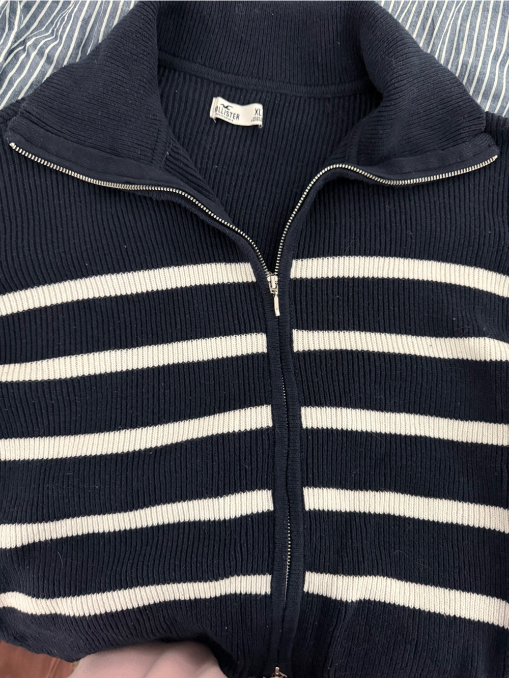 Hollister Navy and White Striped Zip-Up Cardigan